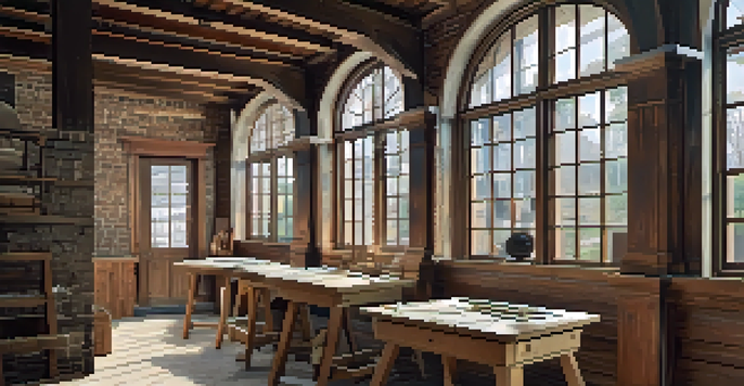A 3D model of a historic building being renovated, with sunlight streaming through windows and construction tools present.