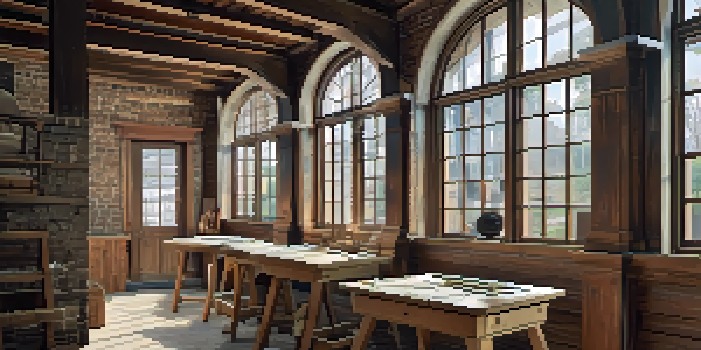 A 3D model of a historic building being renovated, with sunlight streaming through windows and construction tools present.