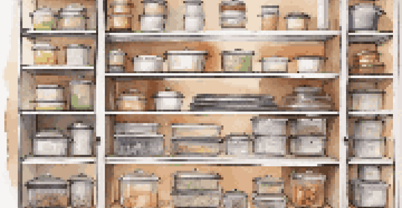 A kitchen shelf showcasing clear storage bins labeled for different small appliances, arranged in a modern kitchen setting with warm lighting.