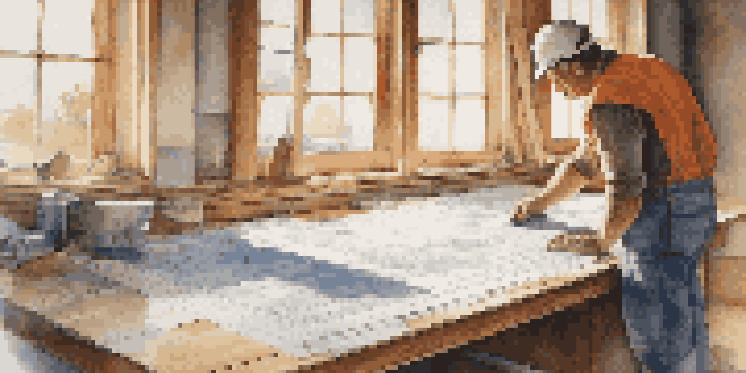 A construction worker examining a blueprint on a wooden table, with tools and materials around, illuminated by sunlight.