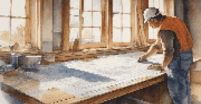 A construction worker examining a blueprint on a wooden table, with tools and materials around, illuminated by sunlight.