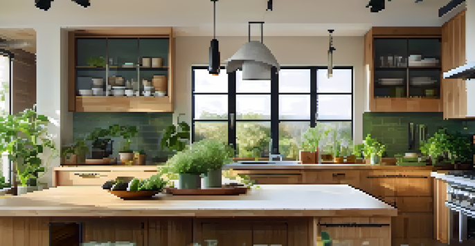 A modern kitchen with bamboo cabinets and recycled glass countertops, showcasing energy-efficient appliances and an indoor herb garden.