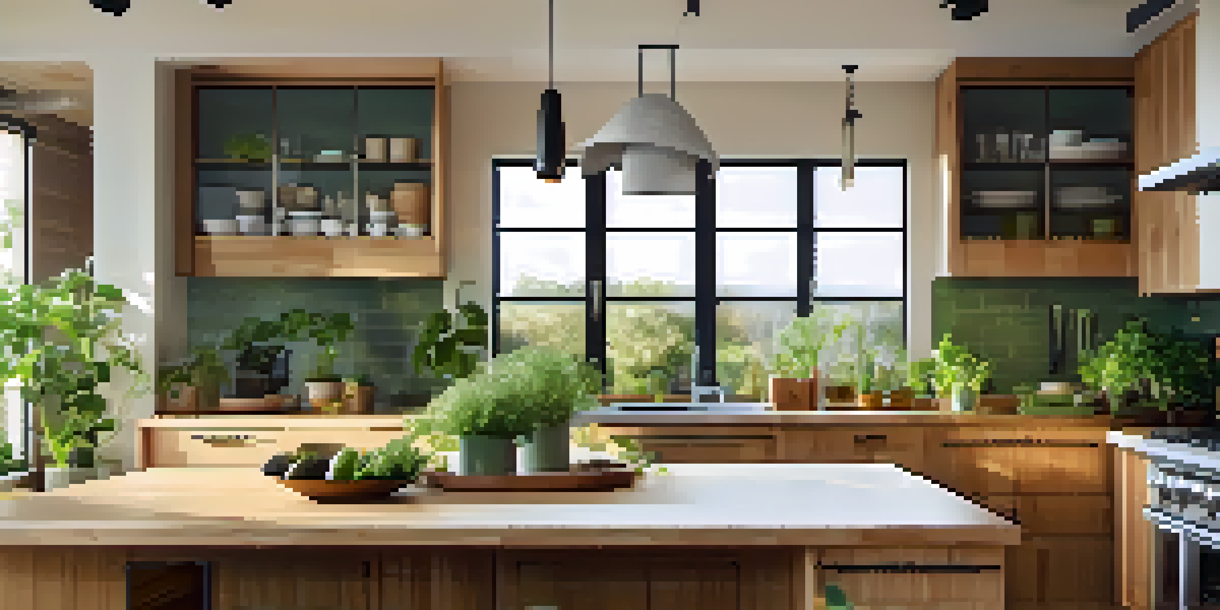 A modern kitchen with bamboo cabinets and recycled glass countertops, showcasing energy-efficient appliances and an indoor herb garden.
