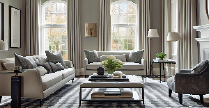 A modern living room with a houndstooth chair and a minimalist coffee table under natural light.