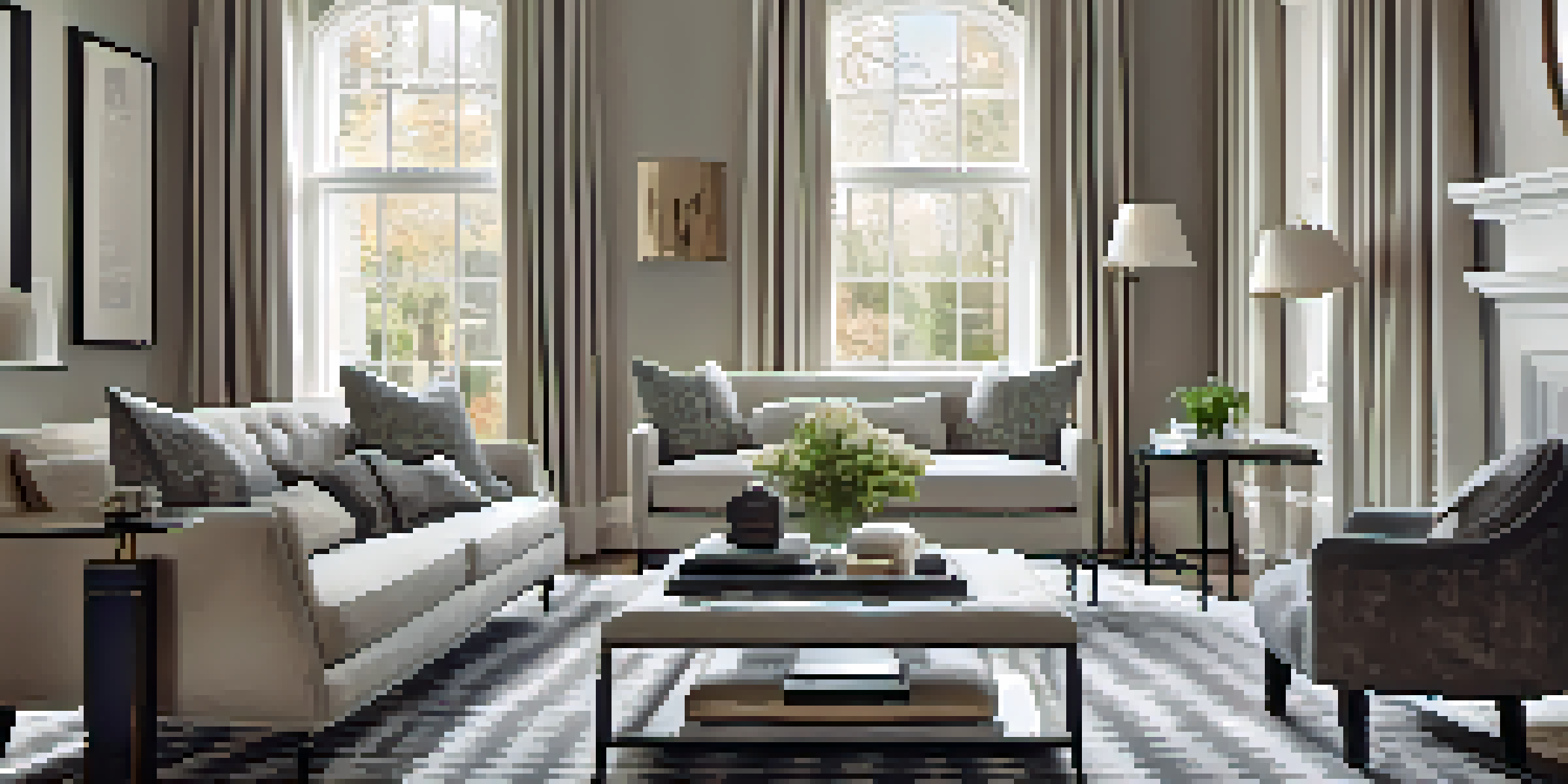 A modern living room with a houndstooth chair and a minimalist coffee table under natural light.