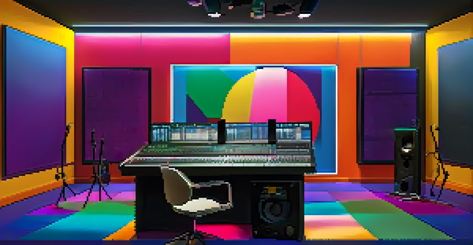 A vibrant podcast recording studio with colorful soundproofing, a microphone, and headphones under LED lighting.