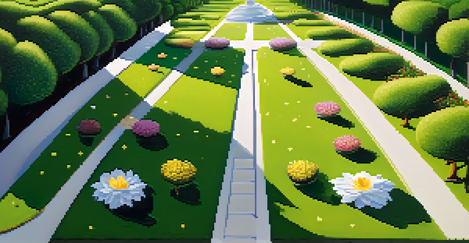 An abstract representation of debt and equity financing in real estate, with paths lined with coins and flowers in a park.