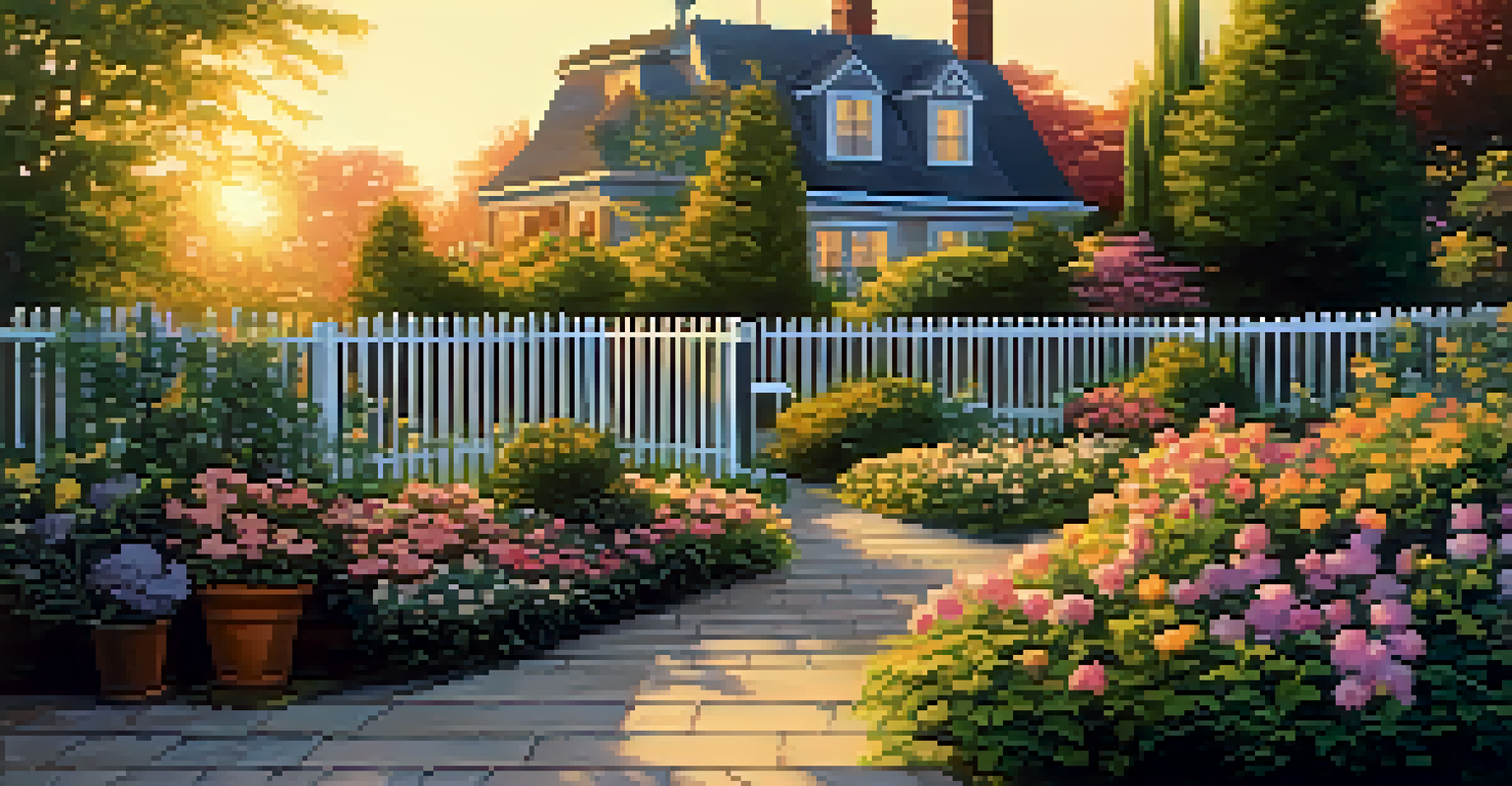 A beautiful garden with blooming flowers, a wooden fence, and a patio set, illuminated by a sunset.