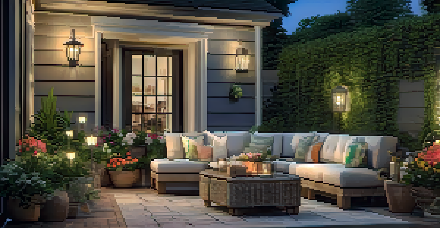 An inviting outdoor patio with comfortable seating and colorful flowers, illuminated by soft string lights, creating a cozy evening ambiance.