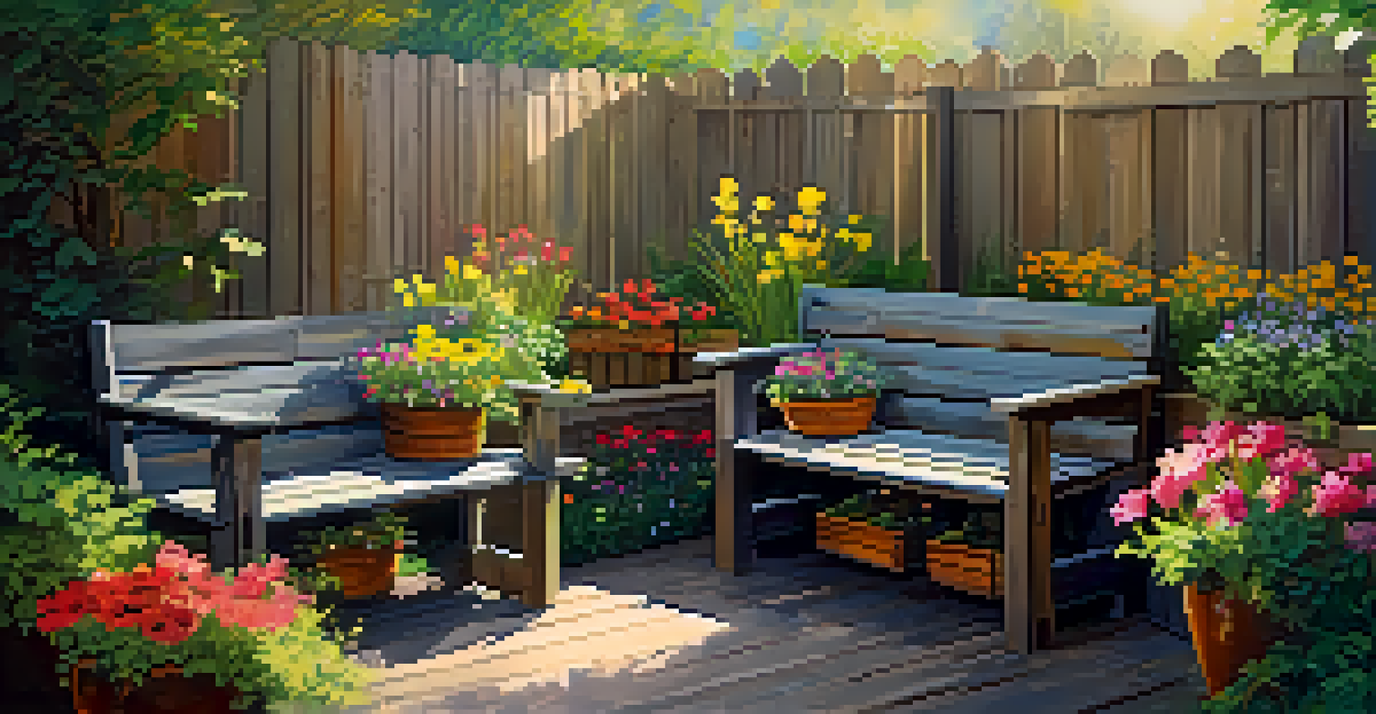 A vibrant garden with planters made from old pallets, filled with colorful flowers and greenery.