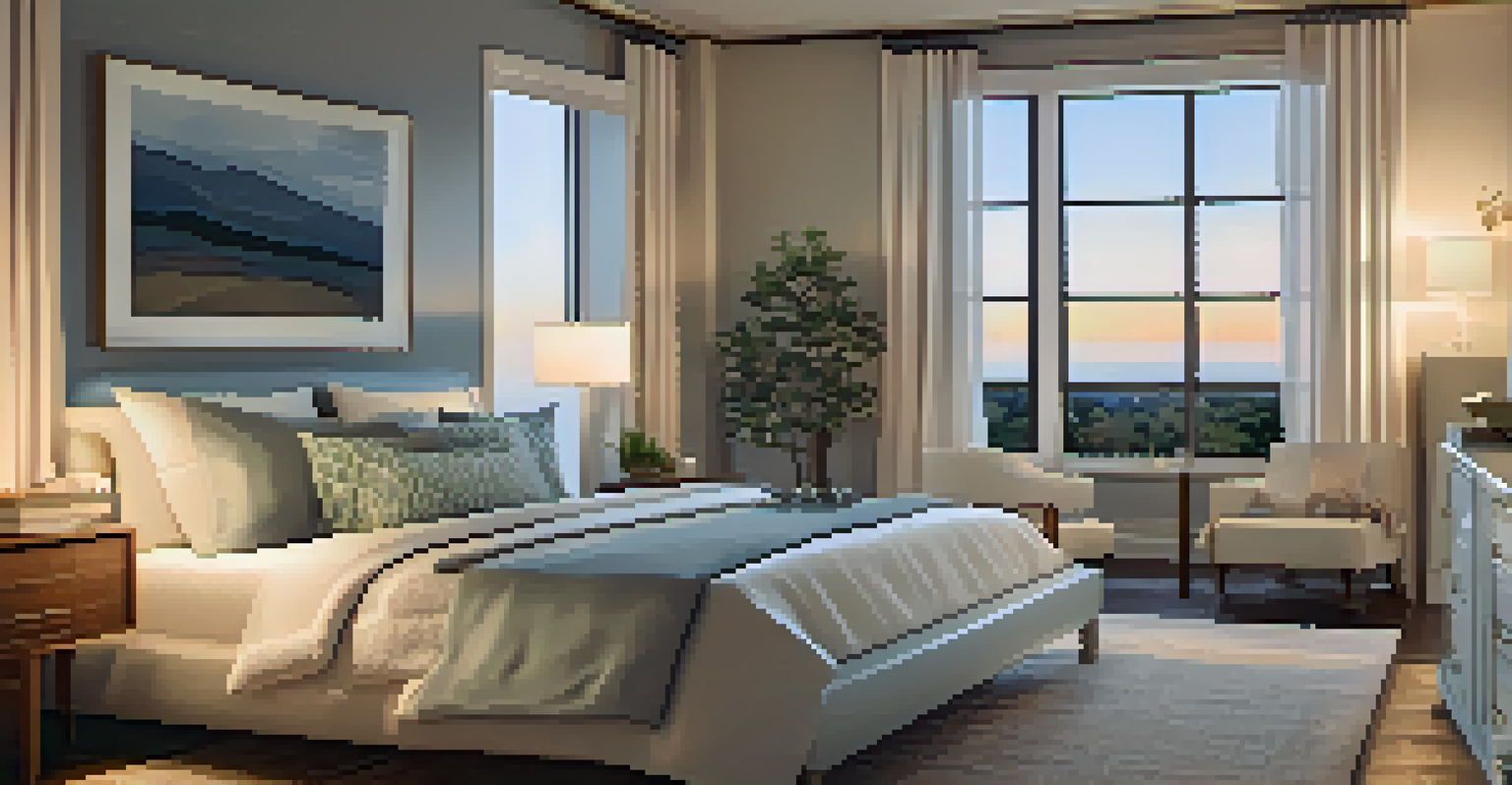 A peaceful bedroom with thick curtains, a comfortable bed, and a white noise machine, designed for tranquility and relaxation.