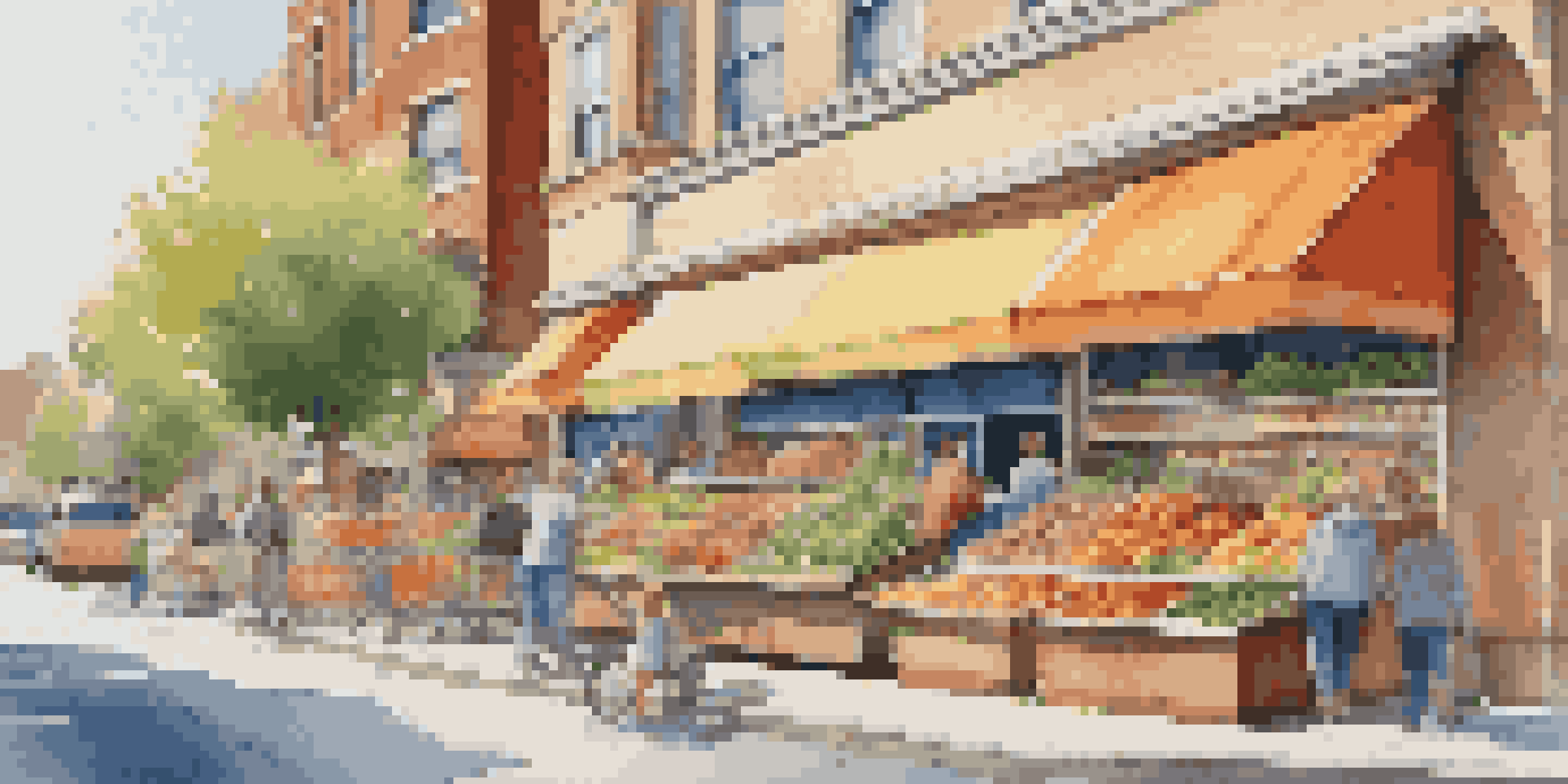 A lively urban neighborhood with a vibrant grocery store, families shopping, and colorful fresh produce on display.