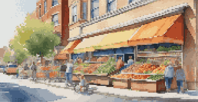 A lively urban neighborhood with a vibrant grocery store, families shopping, and colorful fresh produce on display.