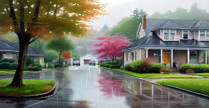 A peaceful residential street with a house during a light rain, showcasing wet pavement and greenery.