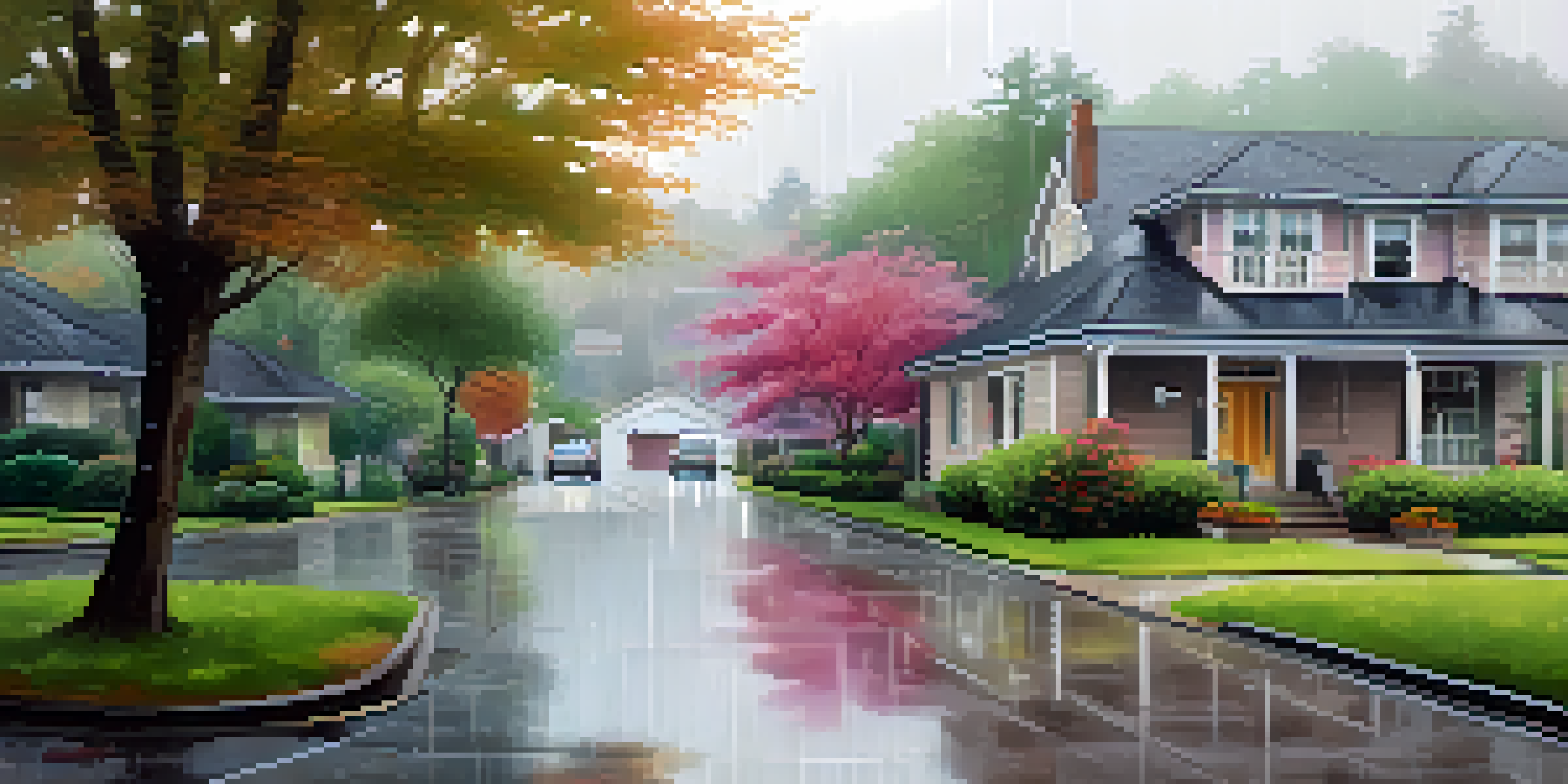 A peaceful residential street with a house during a light rain, showcasing wet pavement and greenery.