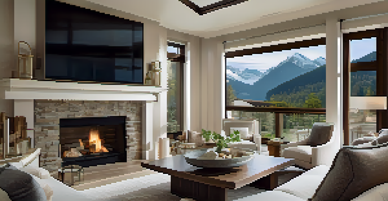 The interior of a luxury vacation rental living room with modern decor and a mountain view.