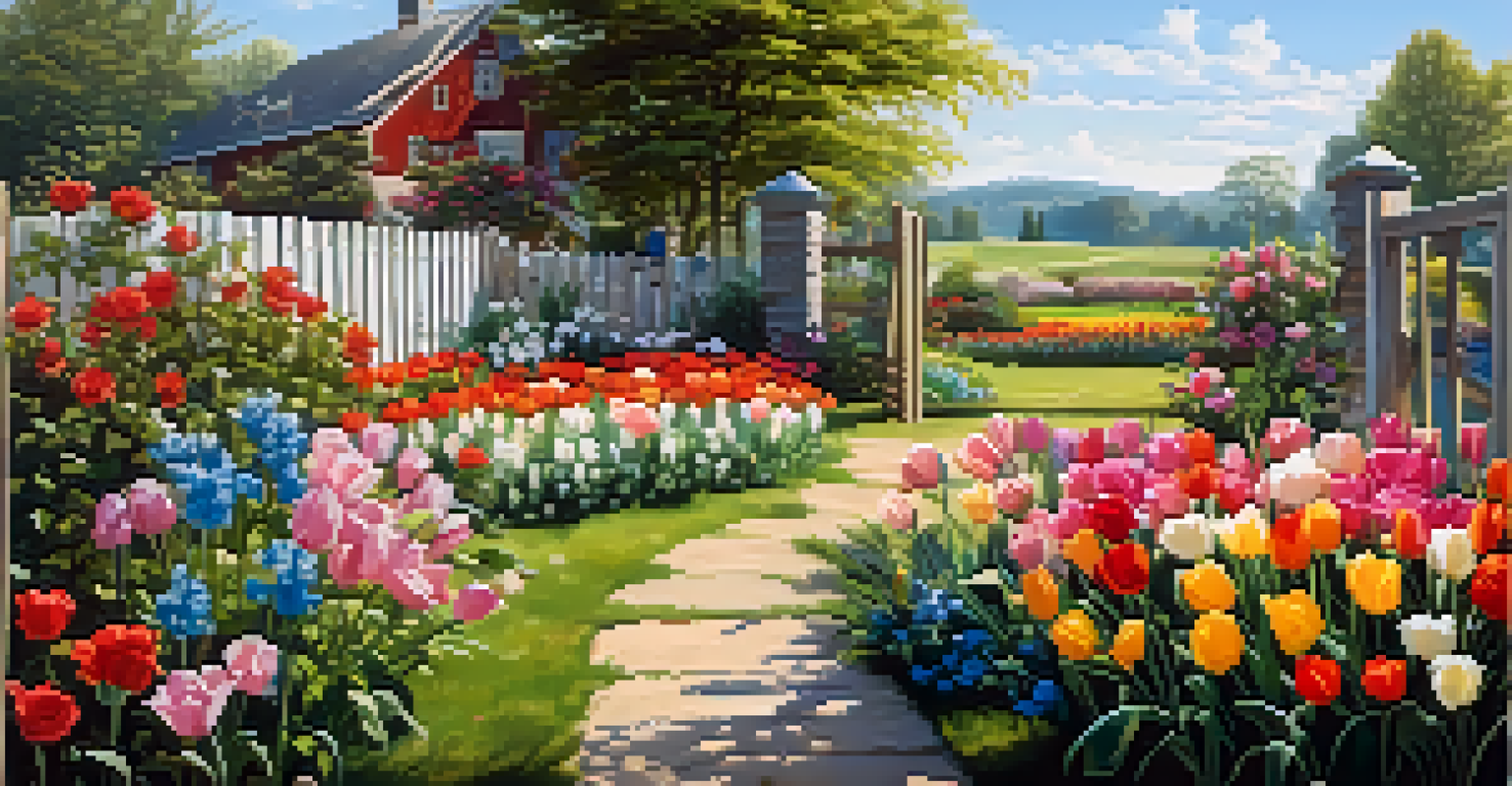 A vibrant garden filled with colorful flowers and a rustic wooden fence under a clear blue sky.