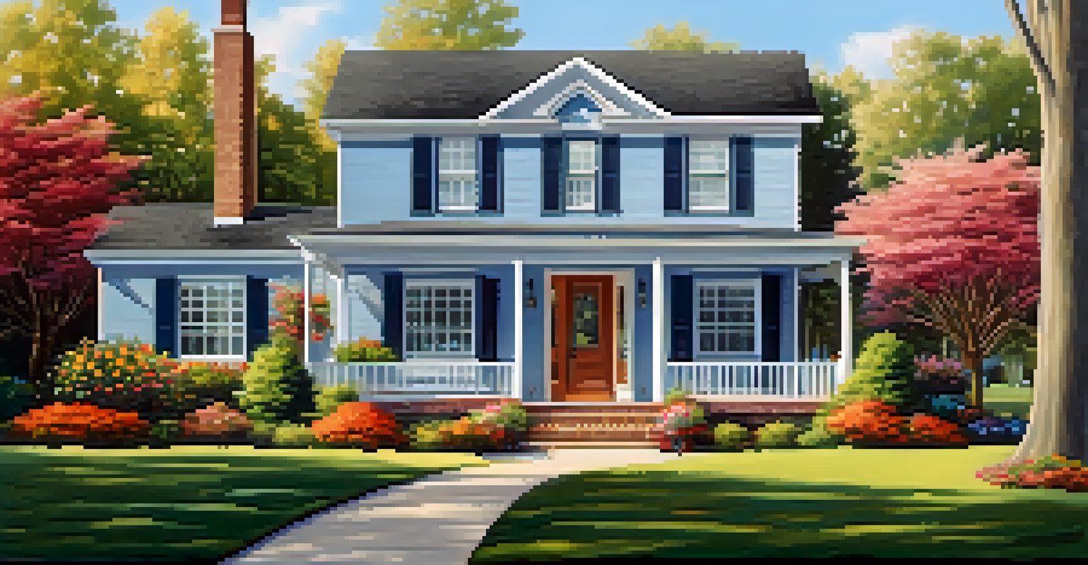 A picturesque home exterior with vibrant flower beds, a cozy front porch, and a new front door under a blue sky.