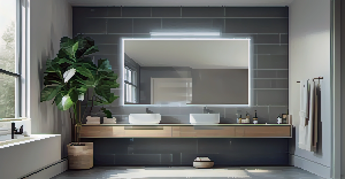 A modern smart bathroom with a touchless faucet, a smart mirror, and color-changing ambient lighting, featuring a minimalist design and a potted plant.