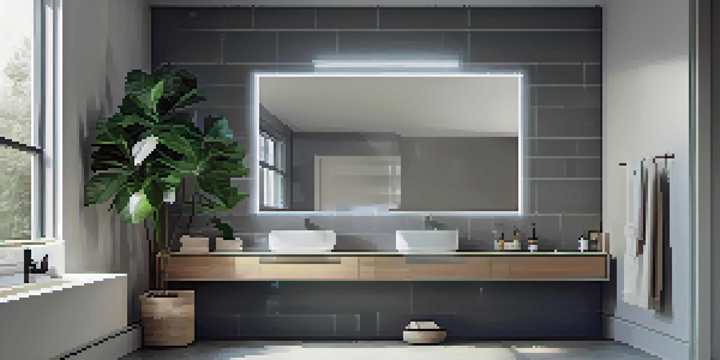 A modern smart bathroom with a touchless faucet, a smart mirror, and color-changing ambient lighting, featuring a minimalist design and a potted plant.