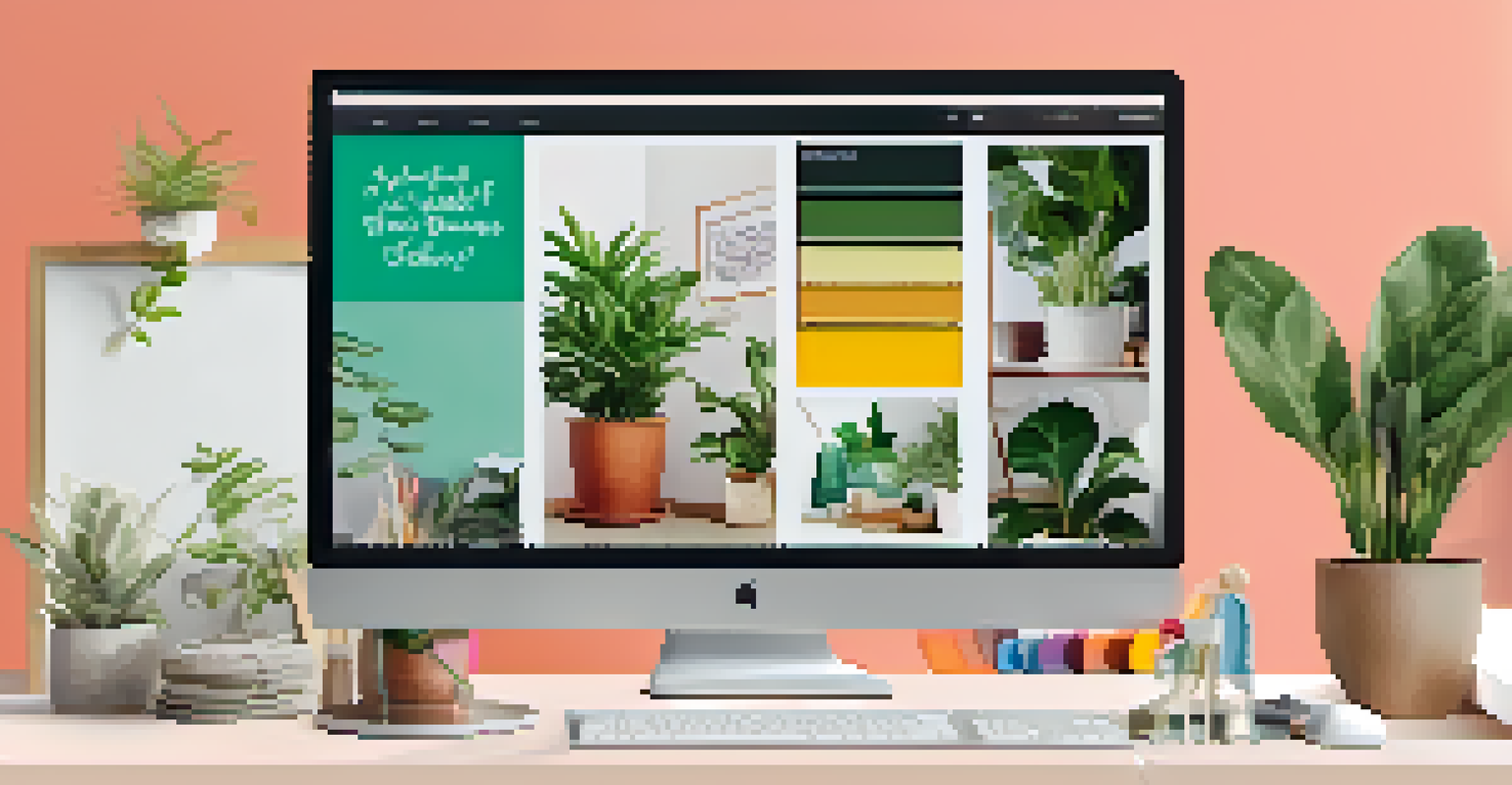 A computer screen displaying a colorful digital vision board for home renovation, surrounded by houseplants and art supplies.