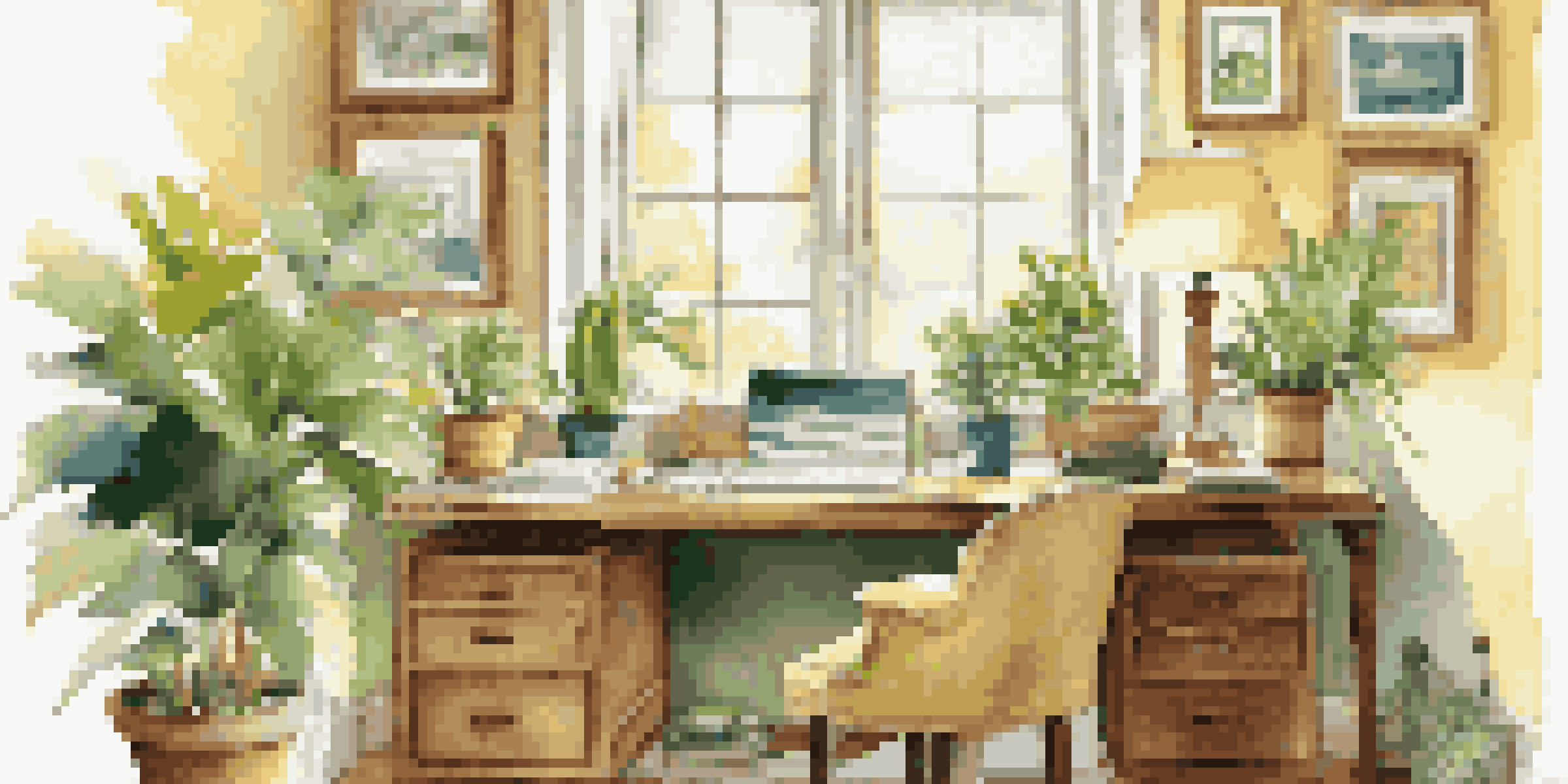 A bright and inviting home office with a wooden desk, personal items, and a potted plant, illuminated by natural light.