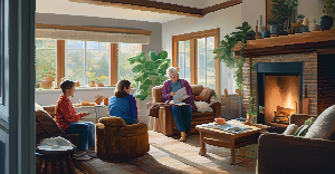A warm and cozy living room with a grandmother knitting by a fireplace, a father helping his child with homework, and natural light from the windows.
