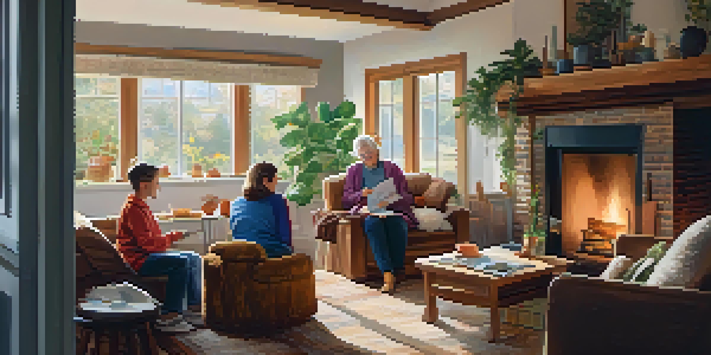 A warm and cozy living room with a grandmother knitting by a fireplace, a father helping his child with homework, and natural light from the windows.