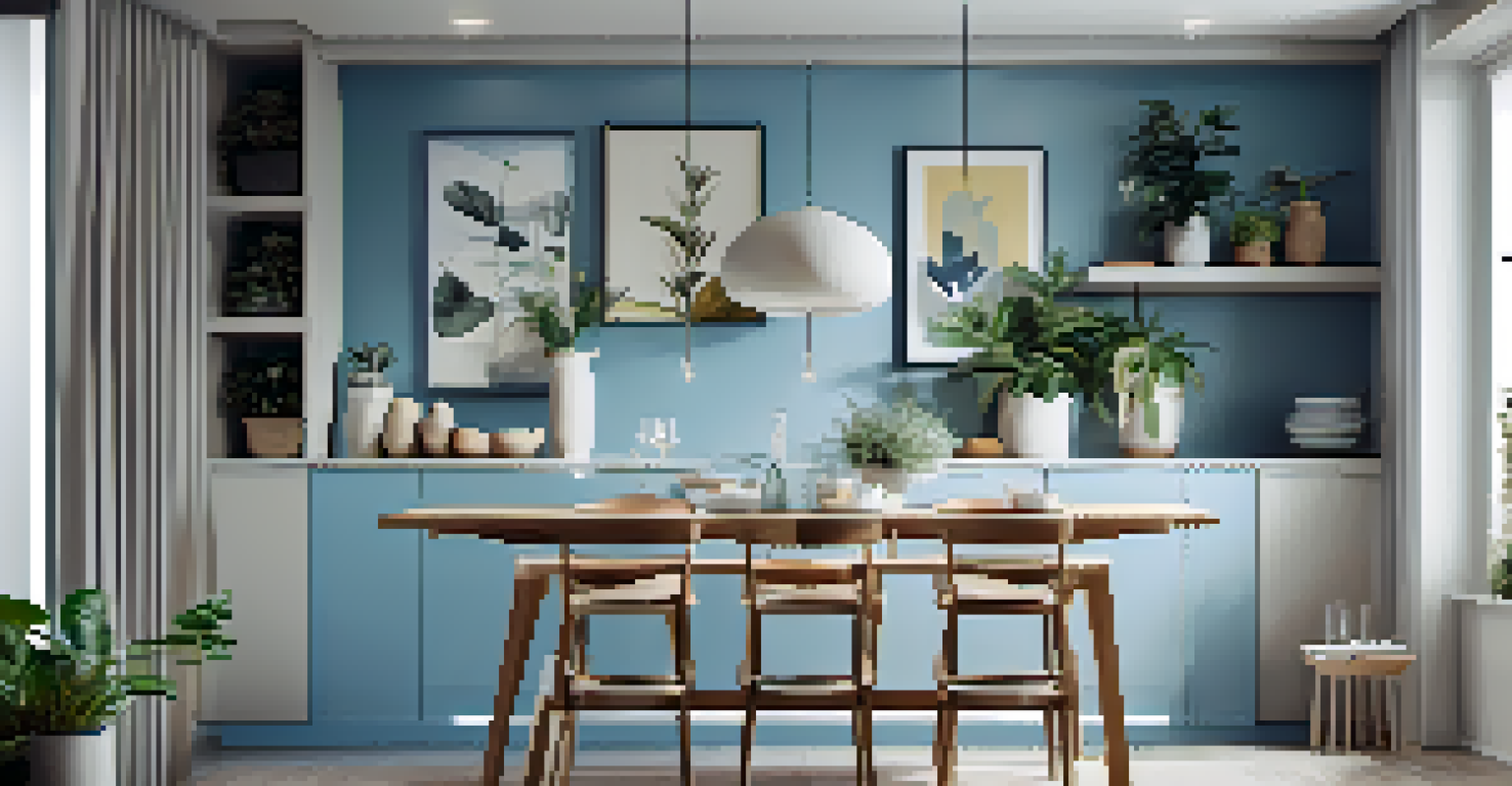 A small dining area with a multi-functional height-adjustable table and bar stools, featuring a harmonious color palette and floating shelves with art and plants.
