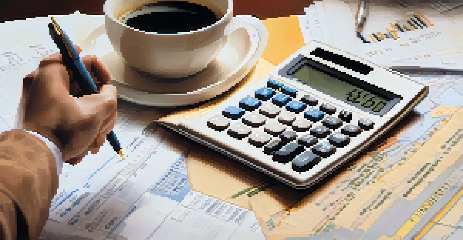 A hand holding a pen over financial documents, with a calculator and coffee cup in the background.