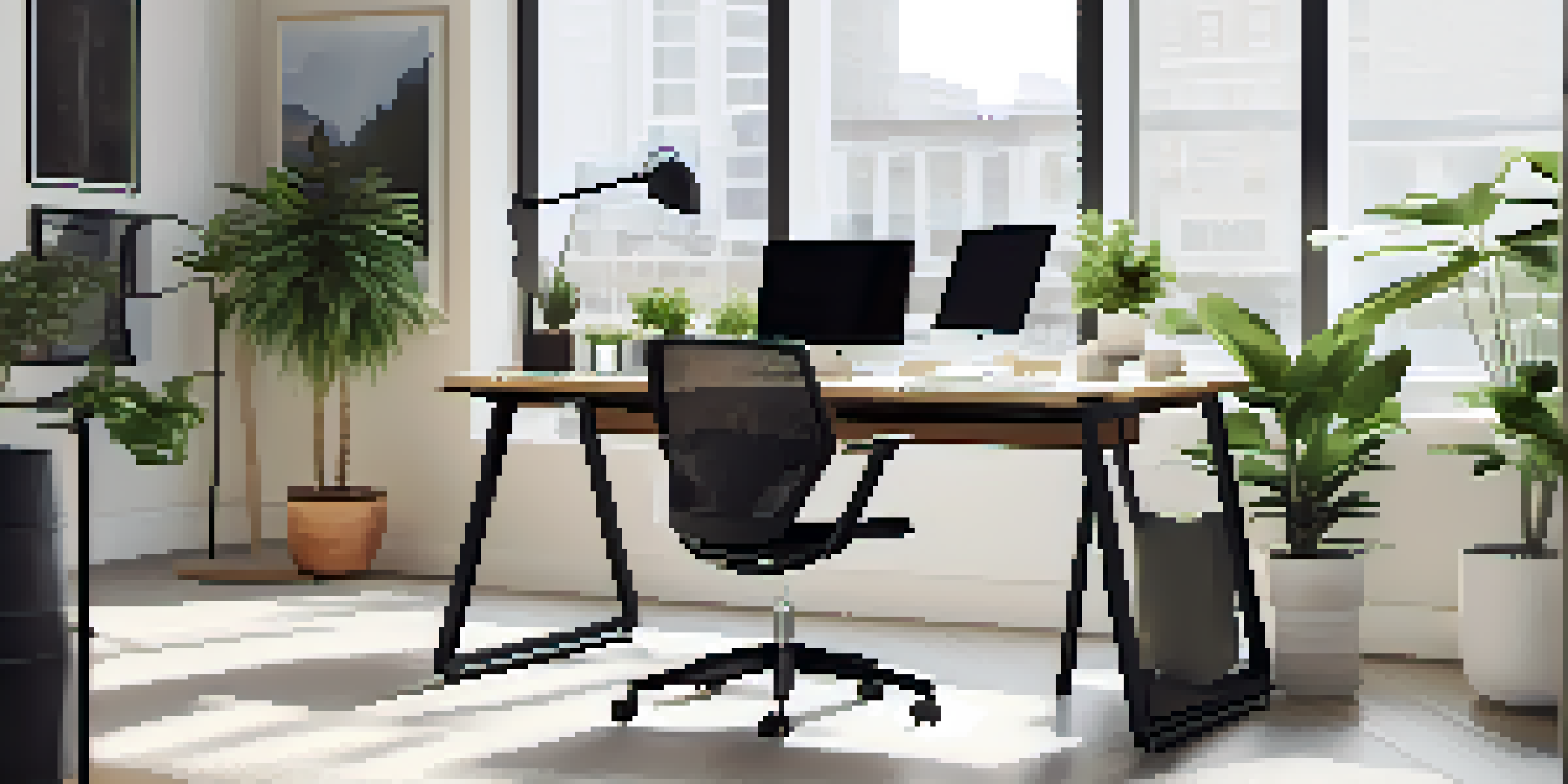 A bright office space with a modern ergonomic chair, natural light streaming through a window, and a minimal desk setup with plants.