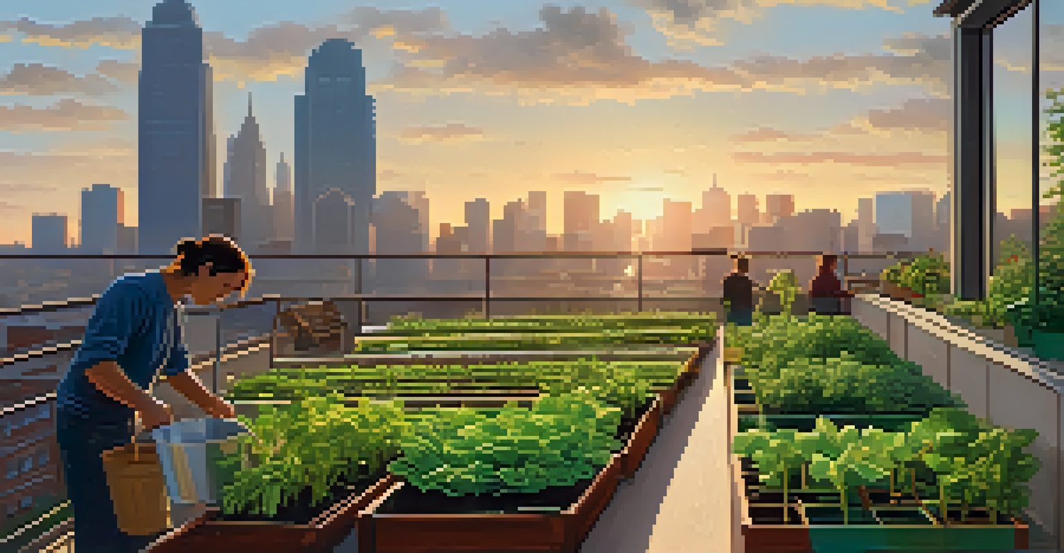 A rooftop farm with vertical planters and a city skyline in the background during sunset.