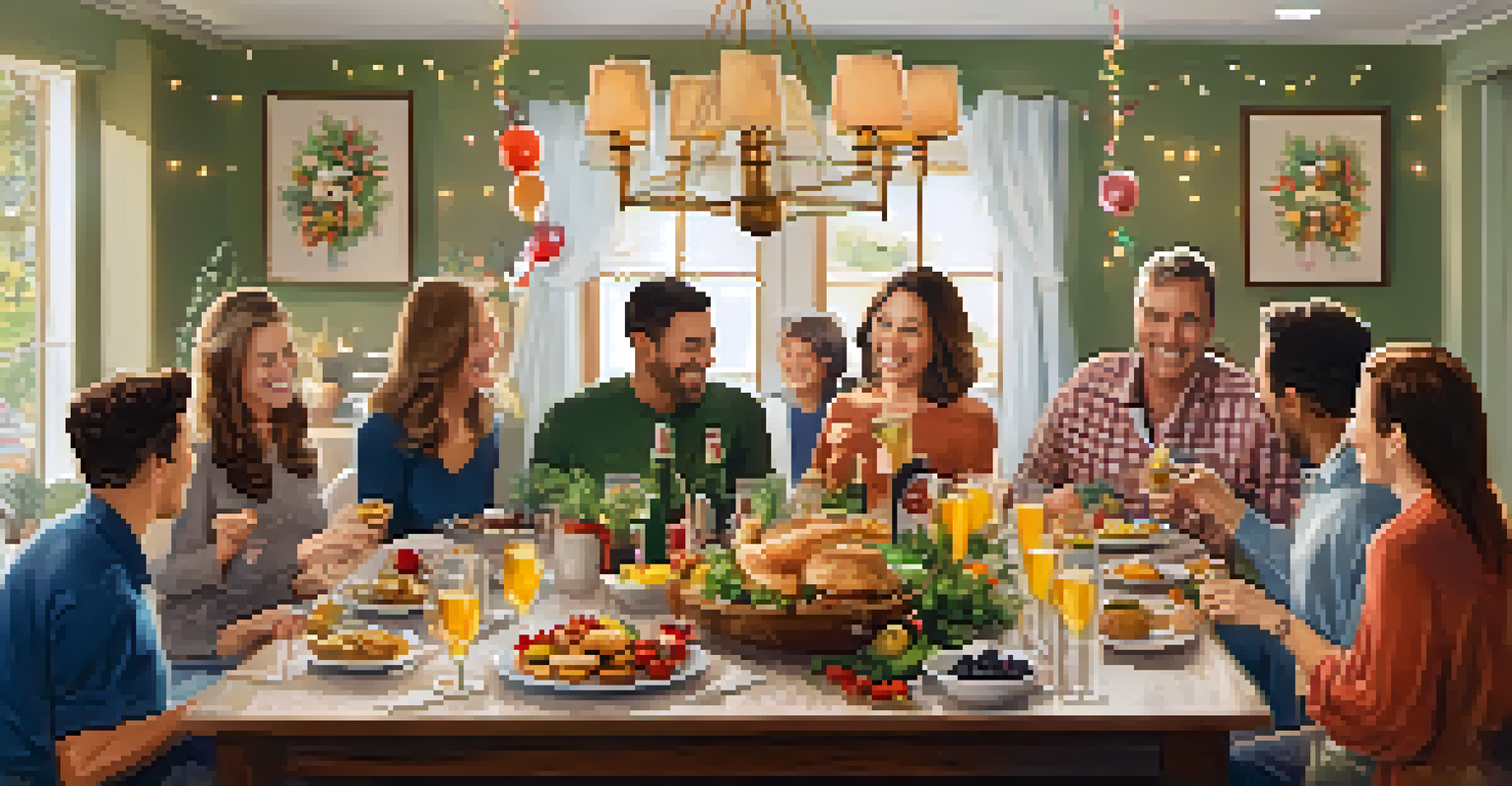 A joyful gathering of friends and family celebrating milestones in a home buying journey, with a decorated dining room and a festive atmosphere.