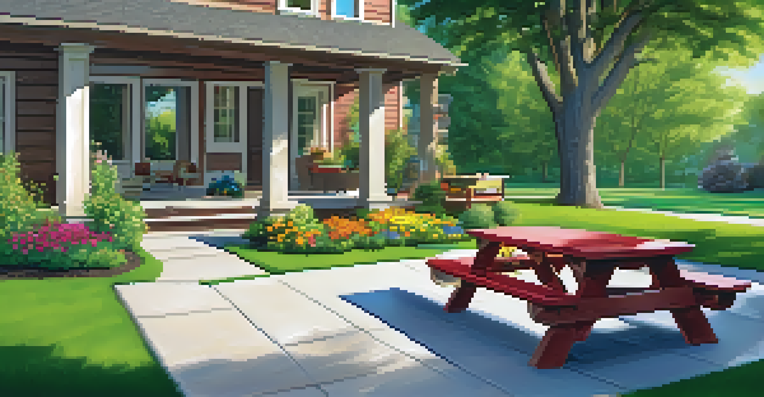 A family-friendly backyard with a playset and picnic area, perfect for family gatherings.