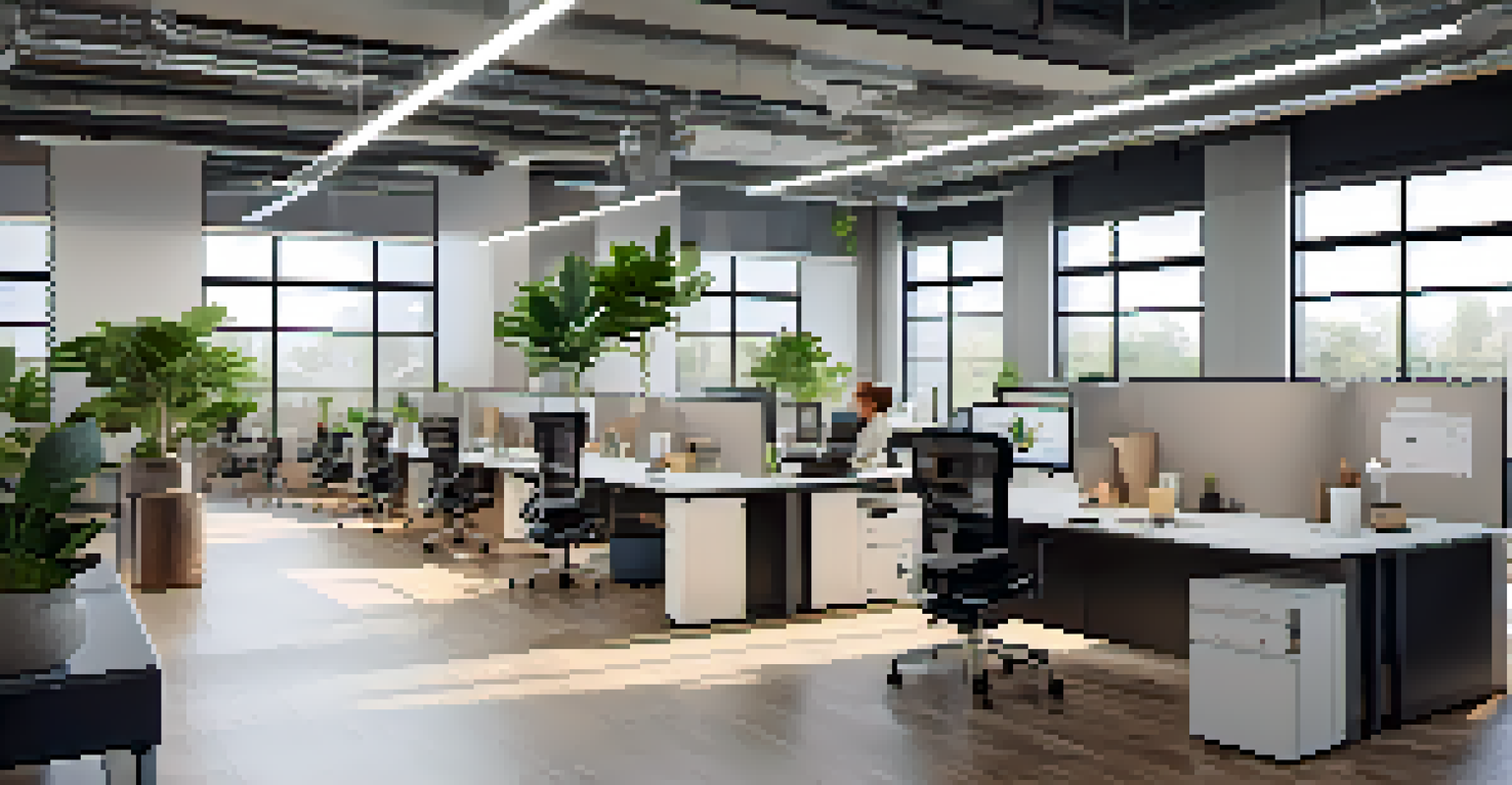 A collaborative open concept office space with desks, glass partitions, and bright lighting, designed for teamwork and creativity.