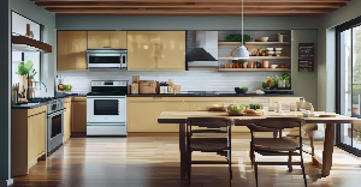 A modern kitchen with a smart refrigerator showing a grocery list and a smart oven, set up for a family meal.