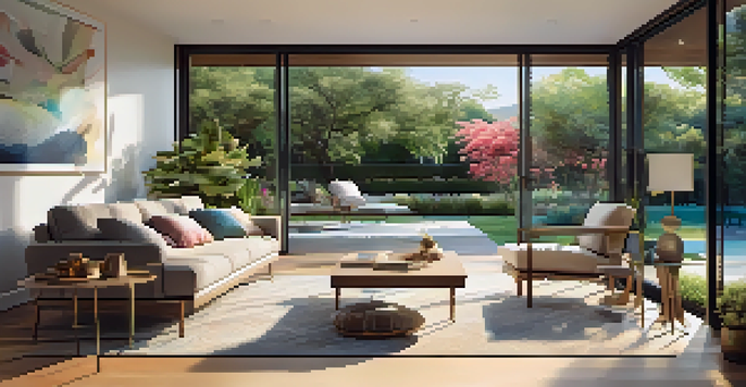 A bright living room with large sliding doors opening to a colorful garden, filled with flowers and greenery.