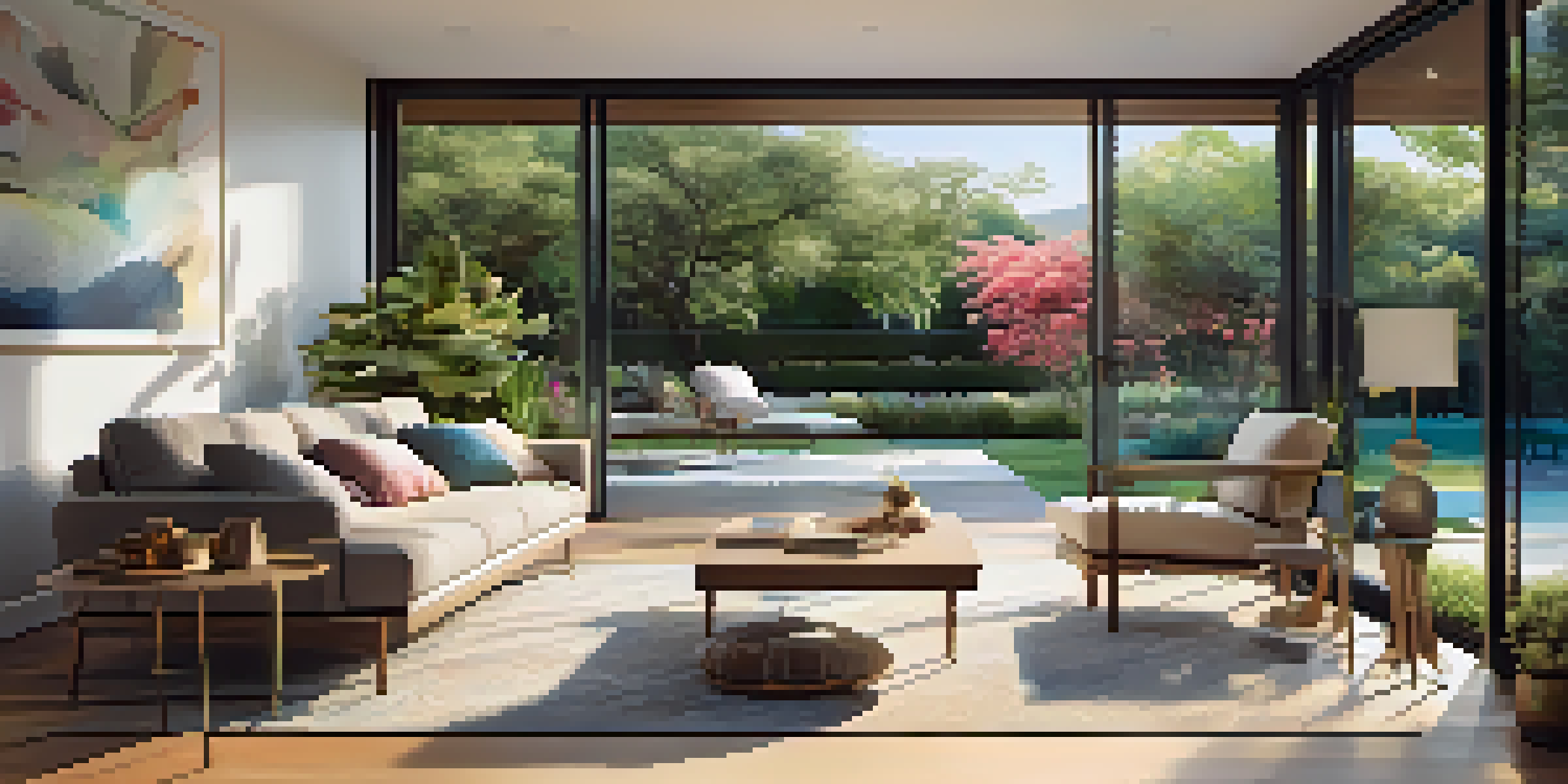 A bright living room with large sliding doors opening to a colorful garden, filled with flowers and greenery.