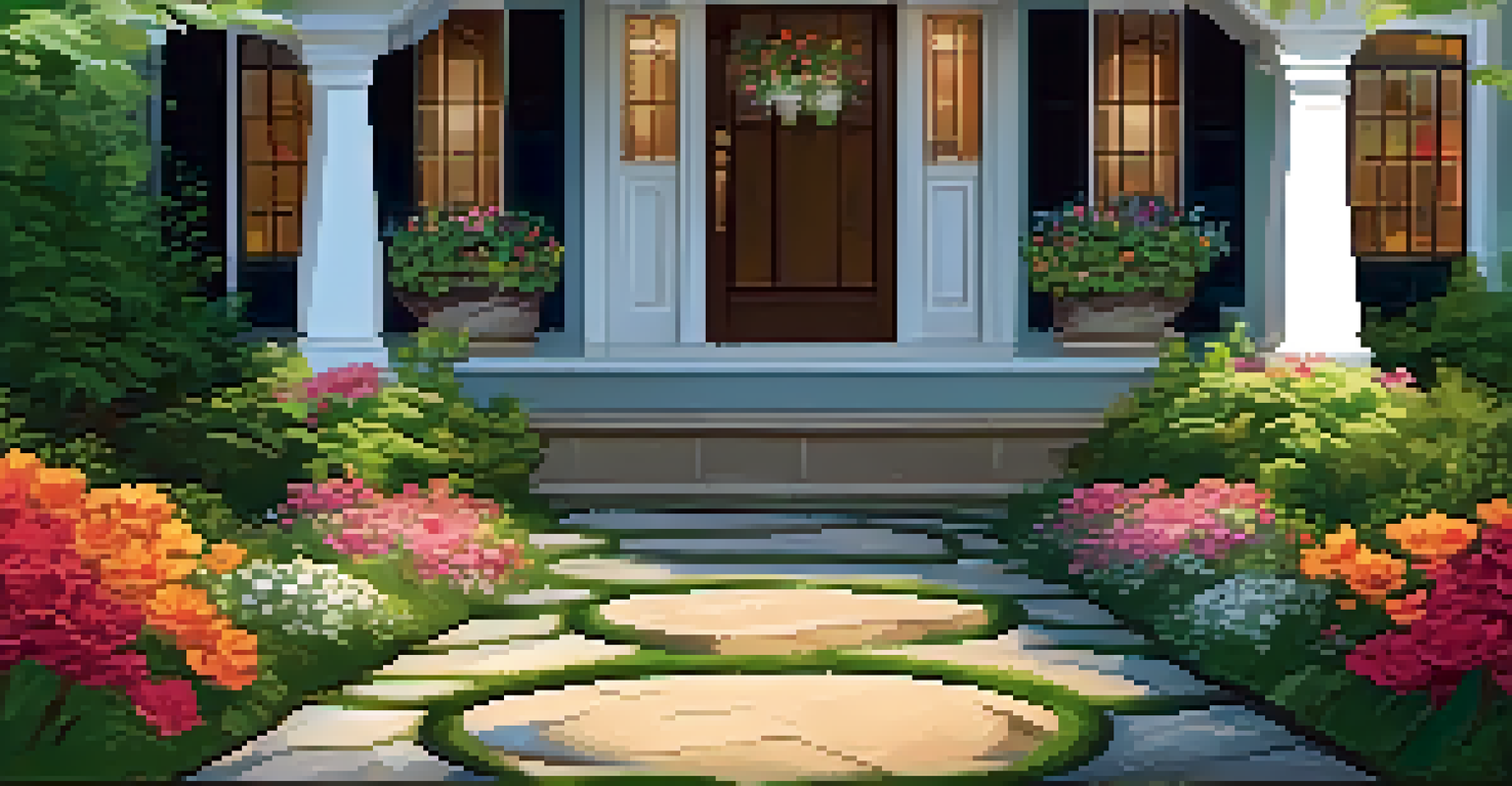 A charming pathway with solar lights leading to a front door, surrounded by flowers and greenery, creating a welcoming entrance.
