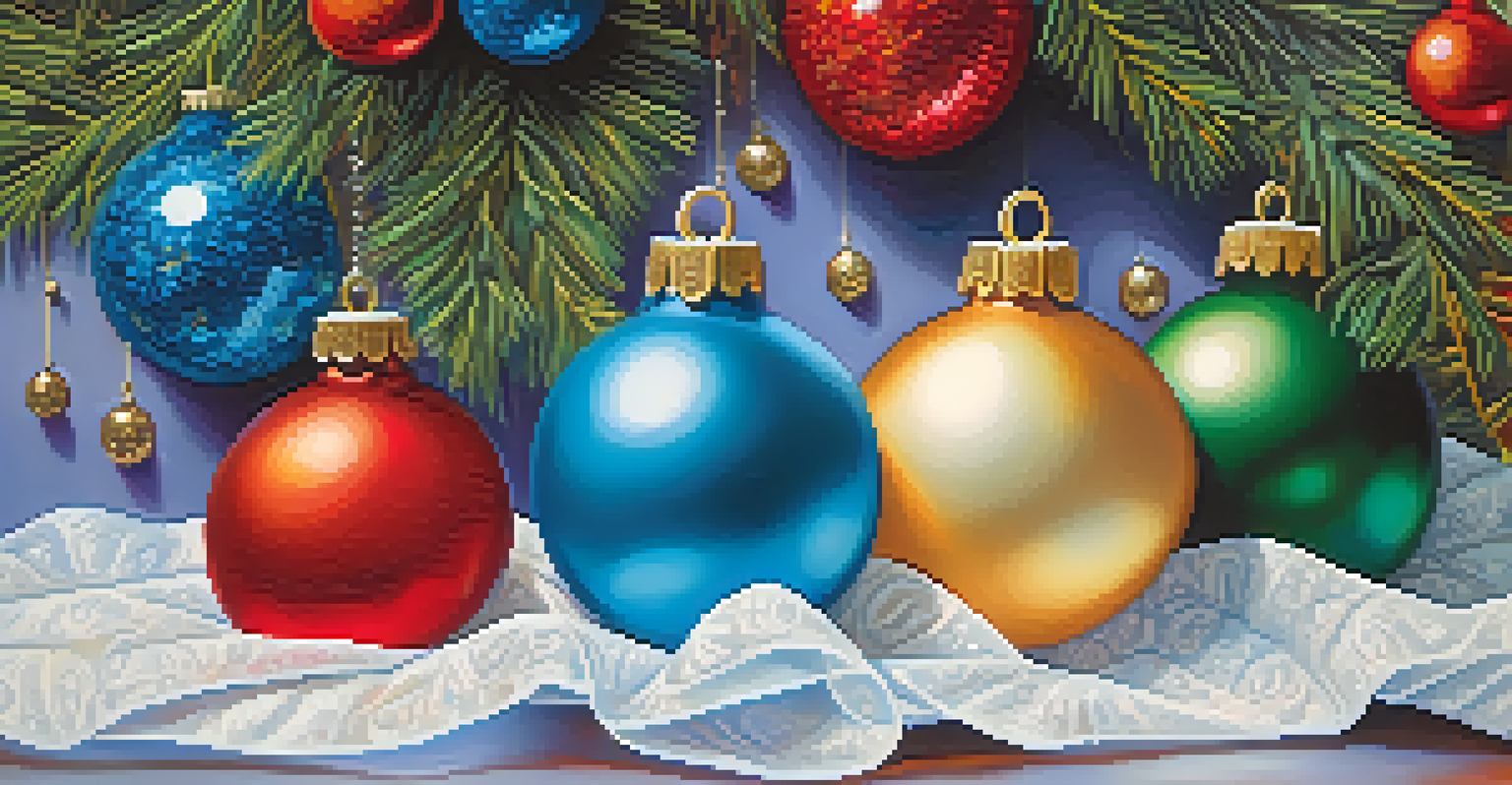 Close-up of fragile holiday ornaments being wrapped in bubble wrap and tissue paper, highlighting their delicate nature.