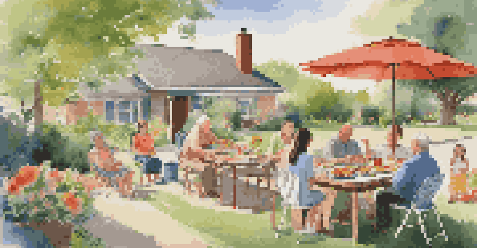 A joyful family gathering in a backyard with three generations enjoying a barbecue in a vibrant outdoor setting.