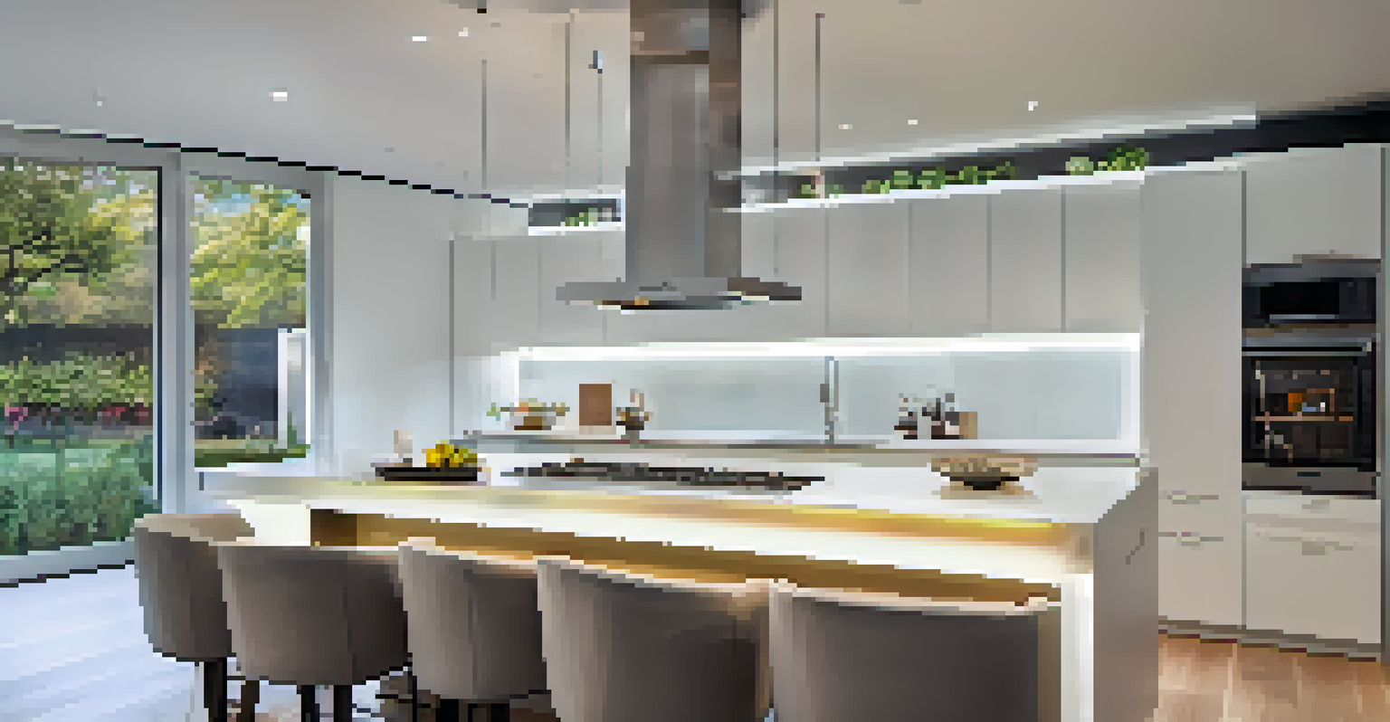 A modern kitchen with adjustable LED lights set to bright white for cooking, featuring sleek appliances and a large island.