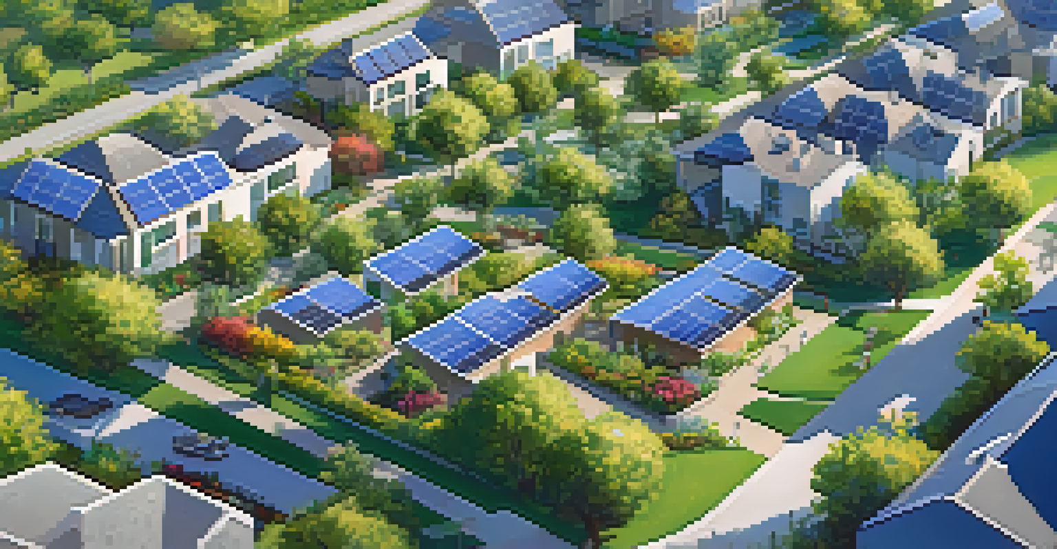 Aerial view of a sustainable neighborhood with solar panels and green gardens under a clear blue sky.