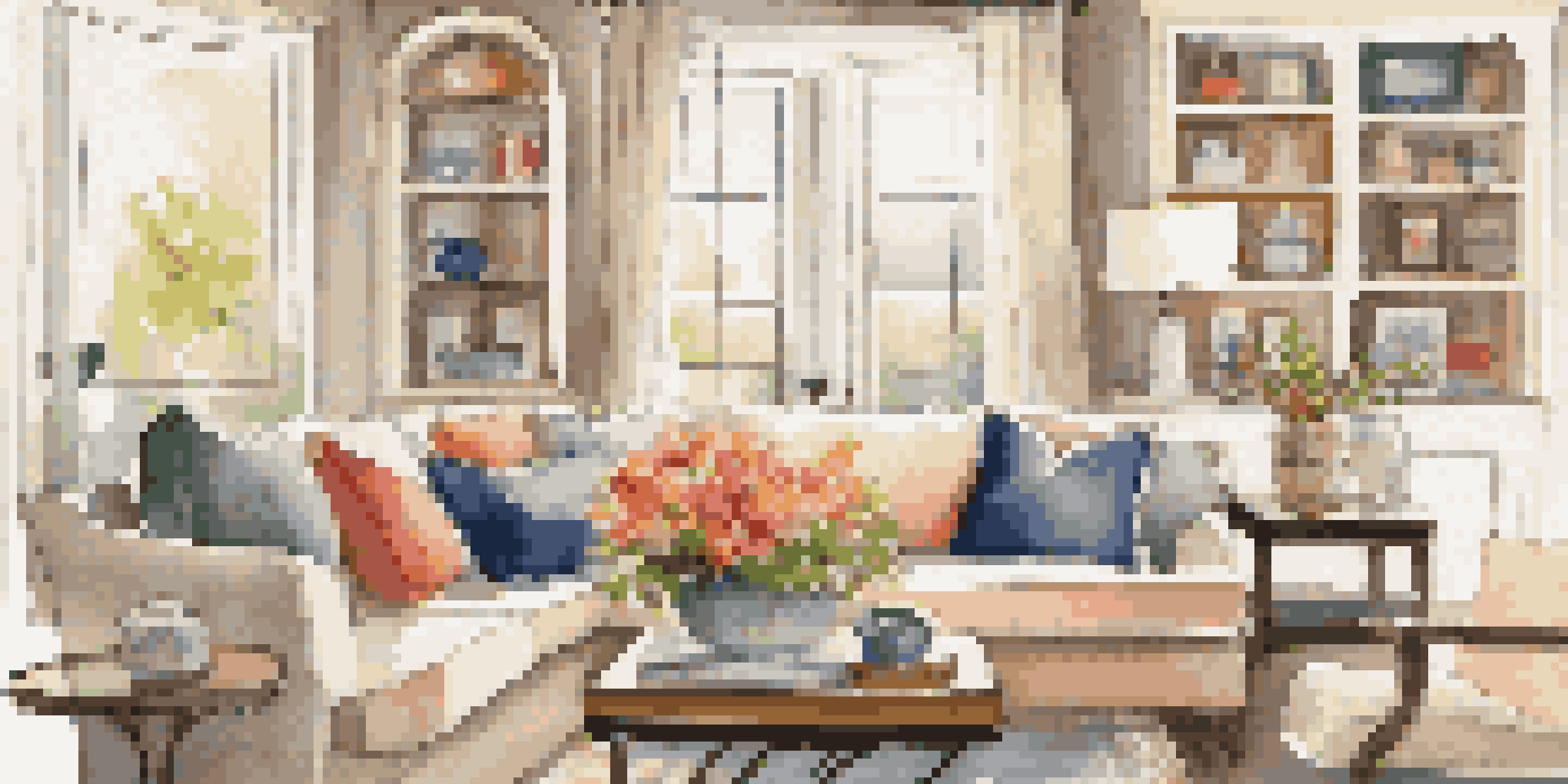 A cozy and inviting living room set up for an open house, showcasing a sofa, fresh flowers, and bright natural light.