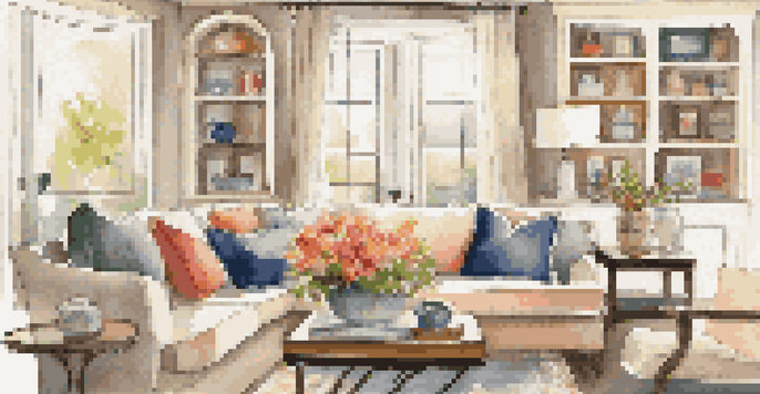A cozy and inviting living room set up for an open house, showcasing a sofa, fresh flowers, and bright natural light.