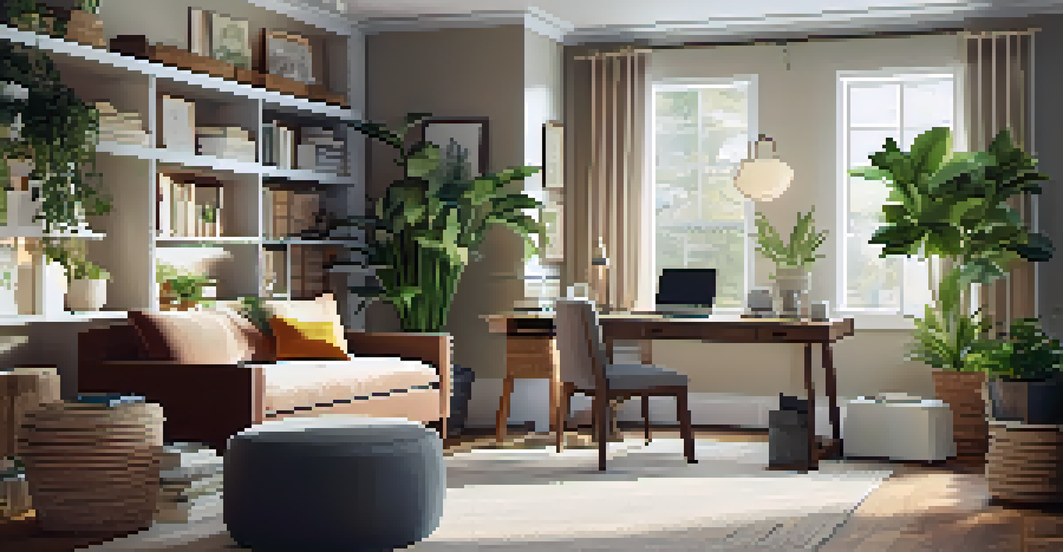 A corner office featuring a storage ottoman, shelves, and plants, creating a refreshing workspace.