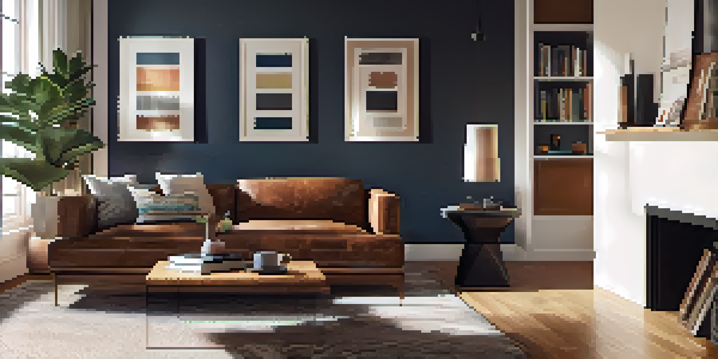 A spacious living room with a leather sofa, knitted throw, wooden coffee table, and plush area rug, illuminated by soft lighting.