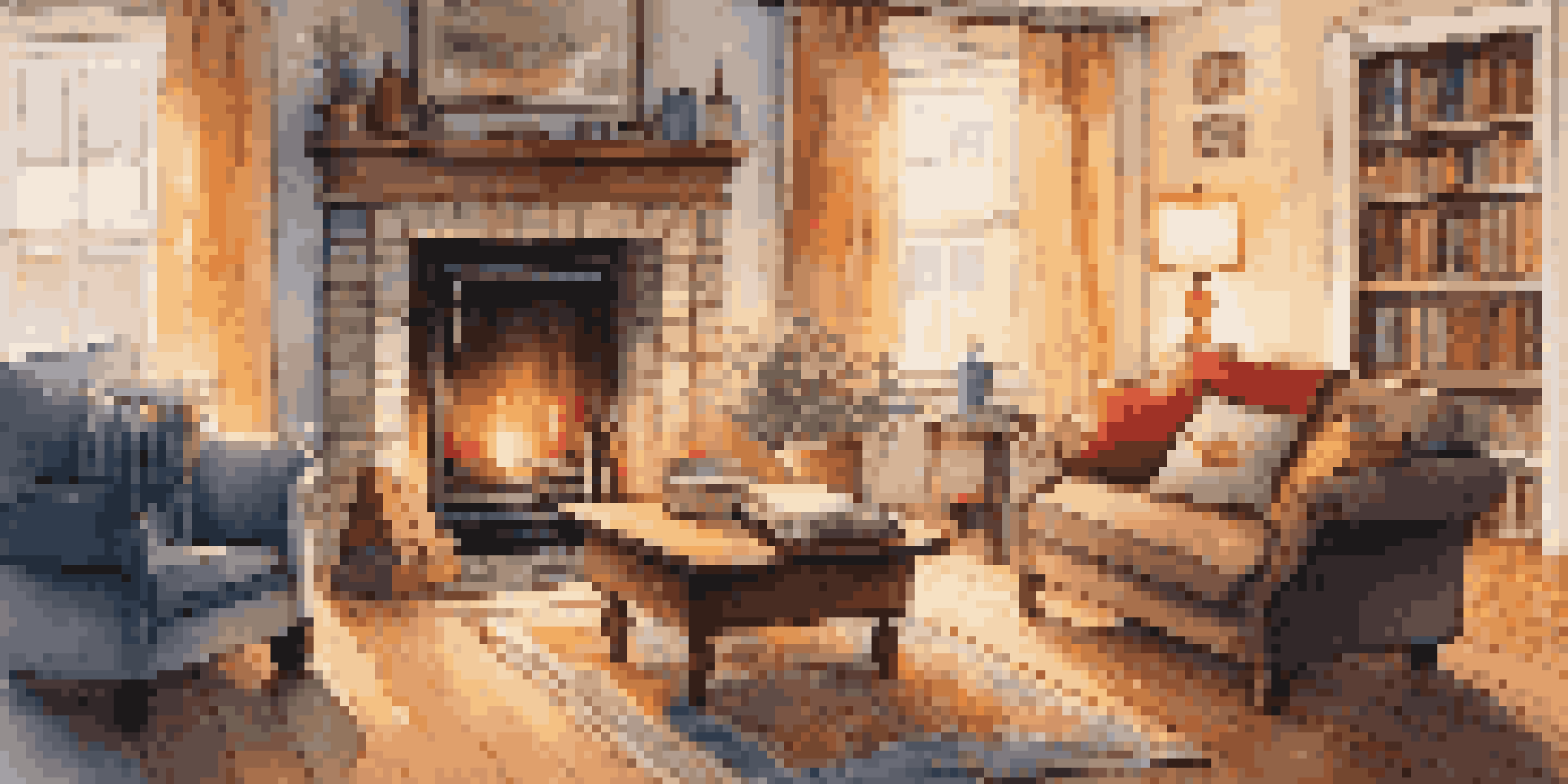 A warm and inviting living room during winter with a fireplace, snow outside the window, and a cozy sofa.