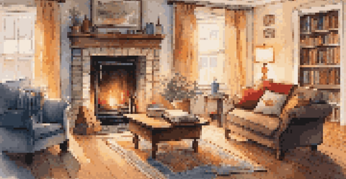 A warm and inviting living room during winter with a fireplace, snow outside the window, and a cozy sofa.