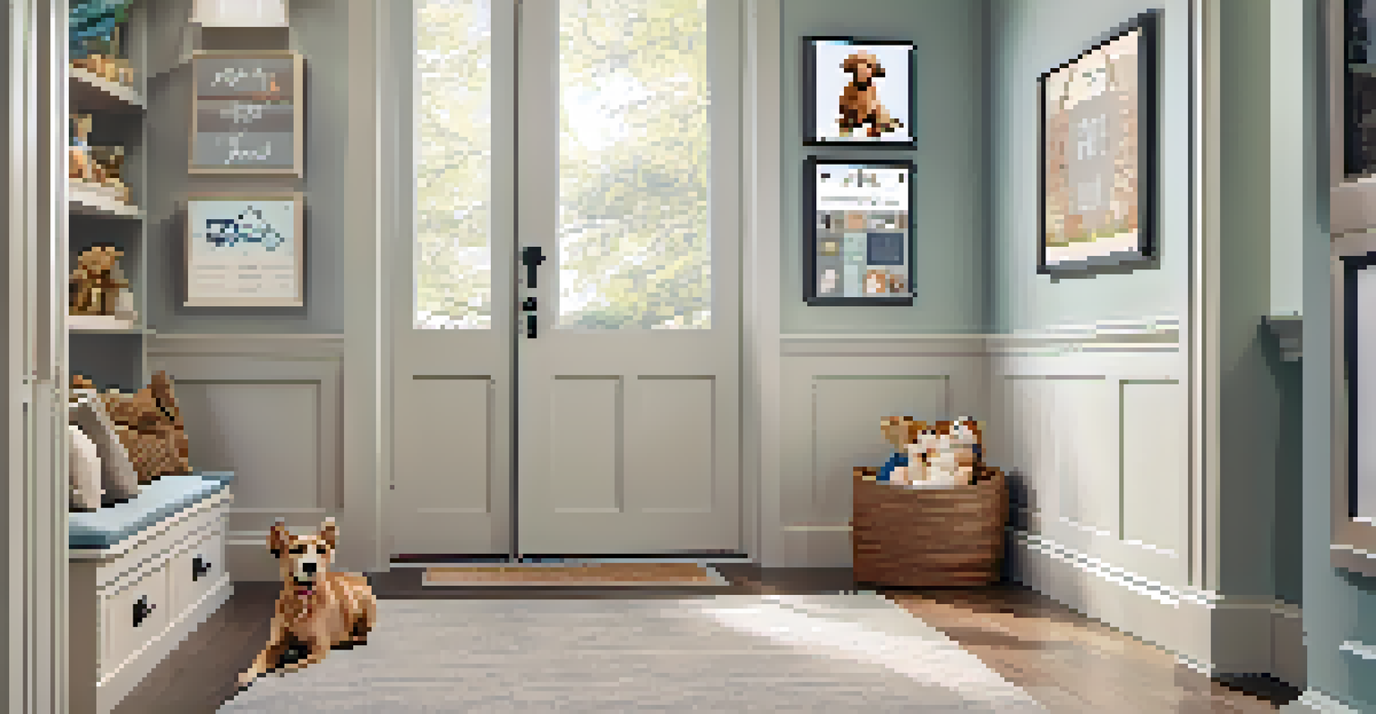 A personalized entryway showcasing pet-themed decor, framed photos, and a plush pet bed.
